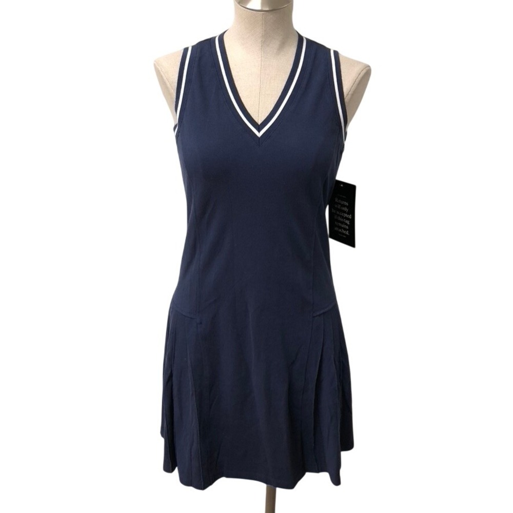 Tuckernuck Tennis Dress Womens XS Navy Blue Pleated V-Neck Sleeveless Cotton NEW